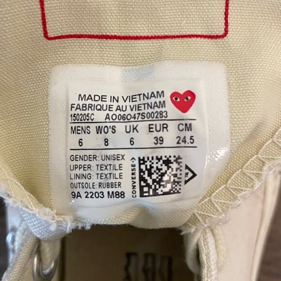 CDG Play Converse Chuck Taylor High Top White Red Heart Men's 6 Women's 8 - Picture 6 of 11